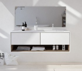 Plan Vasque CORIAN® + Meuble Suspendu en MDF - 2 tiroirs et un tiroir intérieur | 3100
