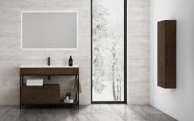 Meuble sur base Metállique en Wood Chêne Massif - 1 Tiroir + Plan Vasque Corian® | 850