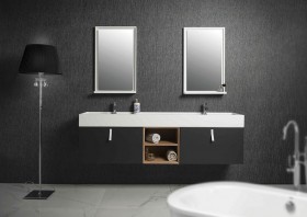 Double Vasque CORIAN® + Meuble Suspendu en MDF - 2 Tiroirs et 2 Niches | 3234  