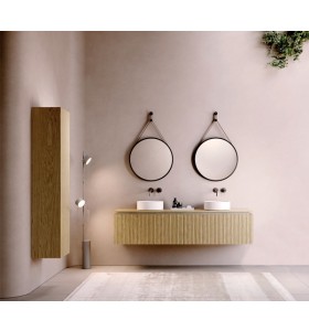 Double Vasque à poser Porcelaine + Meuble en Chêne Massif Design 3D | 2 Tiroirs