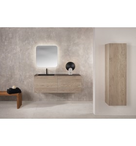 Plan Vasque Authentique Marbre Marquina + Meuble Suspendu en Chêne Nature - 2 Tiroirs | 3323