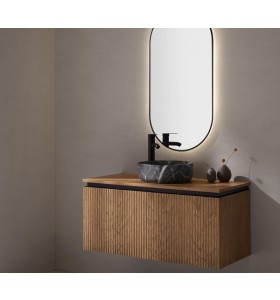 Vasque à poser Porcelaine + Meuble en Chêne Massif Design 3D | 2 Tiroirs