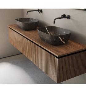 Double Vasque Noir à poser Porcelaine + Meuble en Chêne Massif Design 3D | 2 Tiroirs