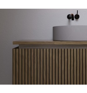 Double Vasque à poser Porcelaine + Meuble en Chêne Massif Design 3D | 2 Tiroirs