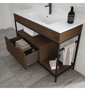 Meuble sur base Metállique en Wood Chêne Massif - 1 Tiroir + Plan Vasque Corian® | 850