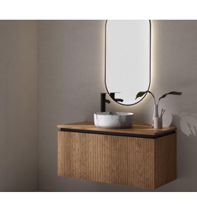 Vasque à poser Porcelaine + Meuble en Chêne Massif Design 3D | 2 Tiroirs
