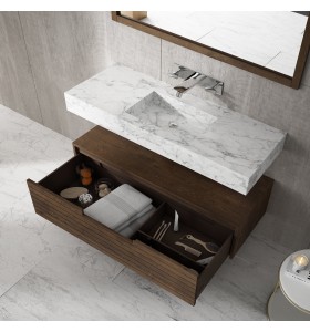 Vasque en Marbre Authentique Carrara + Meuble Suspendu Wood en Chêne Massif - 1 Tiroir | 861