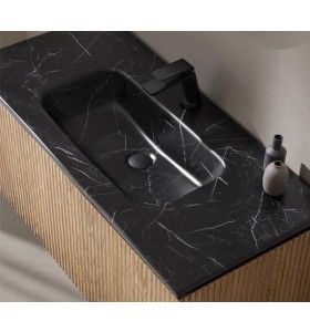 Plan Vasque Porcelaine + Meuble en Chêne Massif Design 3D | 2 Tiroirs